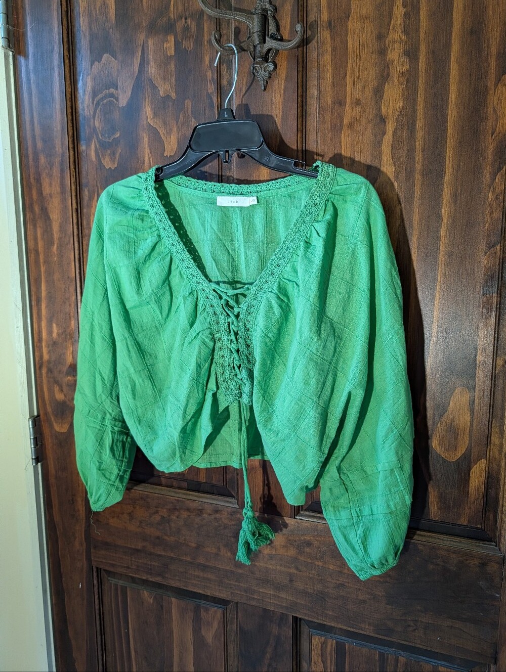 Green Crochet-Trim Peasant Top - Women